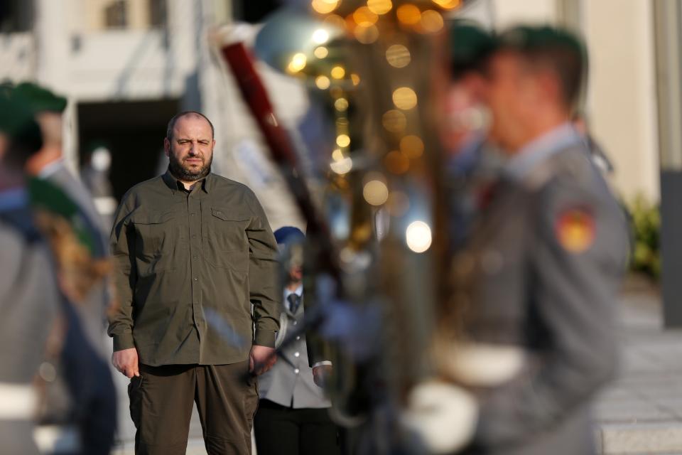 Rustem Umerov watches soldiers of the Bundeswehr, Germany’s armed forces, parade past upon Umerov’s arrival for talks at the Defence Ministry in Berlin (Getty Images)