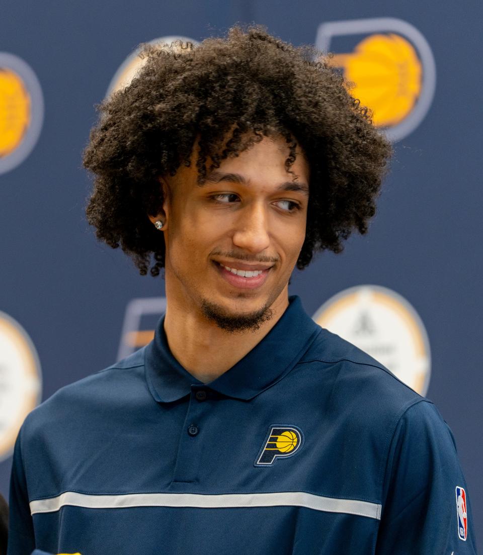 Kendall Brown, a new draft pick, Friday, June 24, 2022, after the players’ introduction at Ascension St. Vincent Center, the Pacers practice facility. 