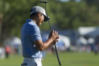 Apr 21, 2019; Hilton Head, SC, USA; C.T. Pan reacts after missing a putt on the green of the eighteenth hole during the final round of the RBC Heritage golf tournament at Harbour Town Golf Links. Mandatory Credit: Joshua S. Kelly-USA TODAY Sports