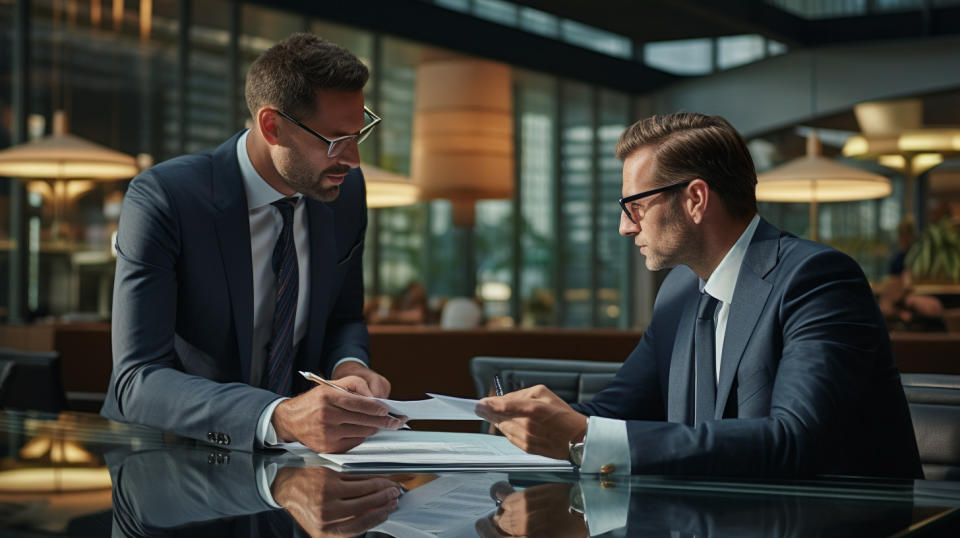 A well-dressed insurance broker presenting a portfolio of investment and risk advice services to a client.