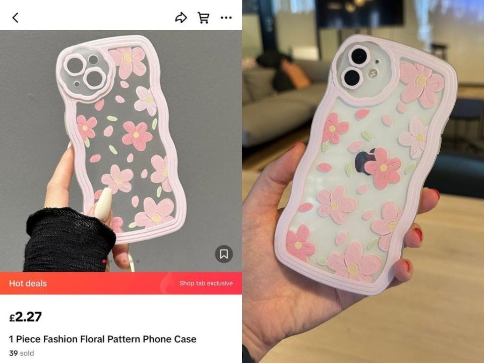 Side by side pictures of a transparent iPhone case with pink flowers. In both pictures a hand can be seen holding the case.