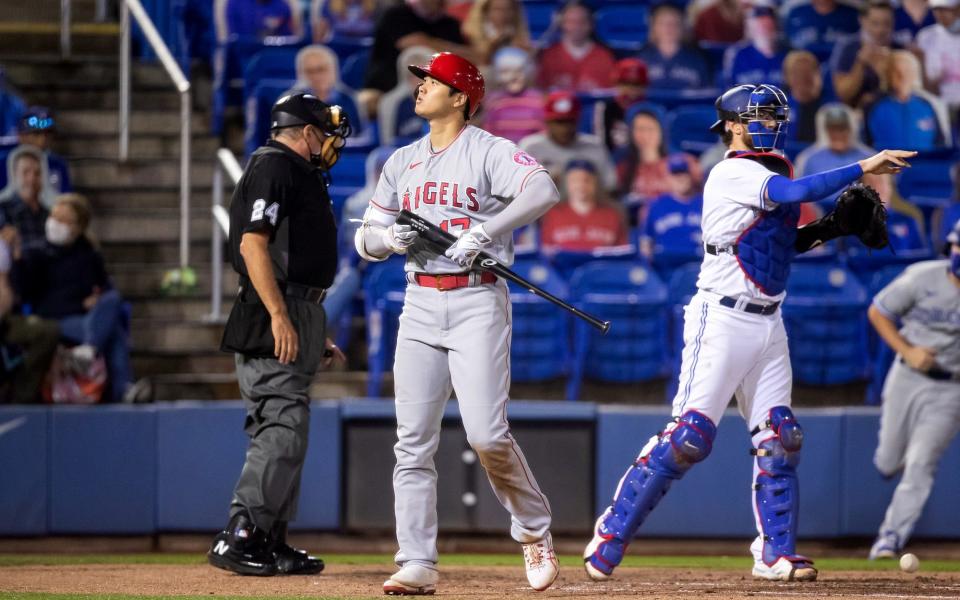 Los Angeles Angels designated hitter Shohei Ohtani (17) reacts after striking out against the Toronto Blue Jays during the third inning at TD Ballpark - Mary Holt-USA TODAY Sports