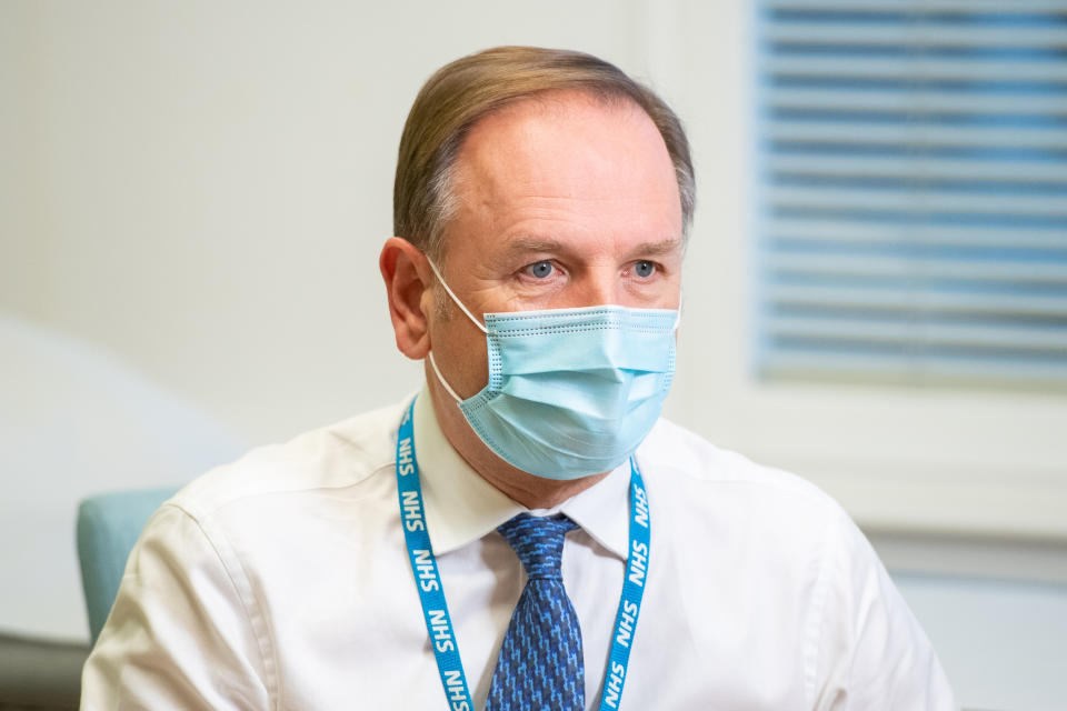 Sir Simon Stevens, the Chief Executive of the National Health Service in England, at the Royal Free Hospital in London to see preparations and meet staff who will be starting the coronavirus vaccination programme from tomorrow.