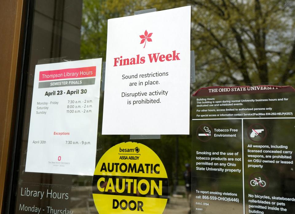 Campus was quiet on Friday with many students enjoying the spring weather and studying for finals. A sign on Thompson Library warned patrons that “disruptive activity” would not be tolerated Following the arrest of 36 people at an anti-Israel protest at Ohio State University, students voiced support of the protesters and said police actions Thursday night made them feel less trustful of campus police.