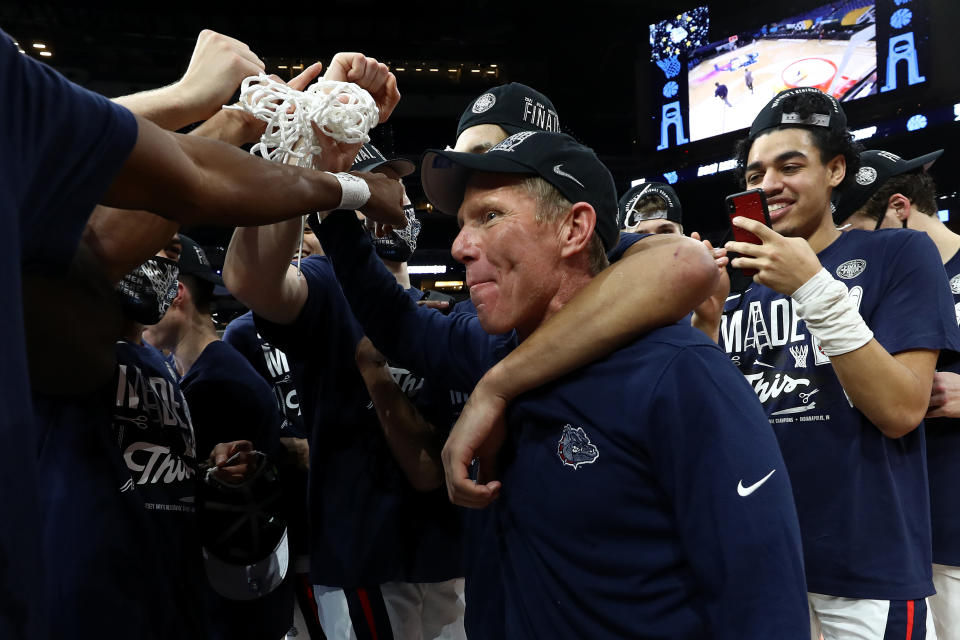 INDIANAPOLIS, INDIANA - MARCH 30: Head coach Mark Few of the Gonzaga Bulldogs celebrates with the net after defeating the USC Trojans 85-66 in the Elite Eight round game of the 2021 NCAA Men's Basketball Tournament at Lucas Oil Stadium on March 30, 2021 in Indianapolis, Indiana. (Photo by Jamie Squire/Getty Images)