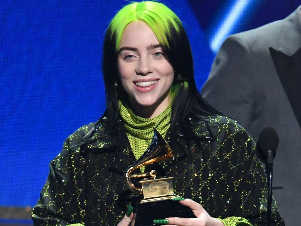 billie eilish accepting song of the year award at the 2020 grammys