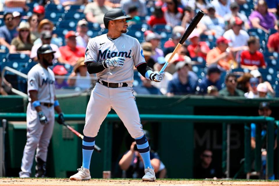 Jun 18, 2023; Washington, District of Columbia, USA; Miami Marlins shortstop Jacob Amaya (67) at bat against the Washington Nationals during the second inning at Nationals Park. Mandatory Credit: Brad Mills-USA TODAY Sports