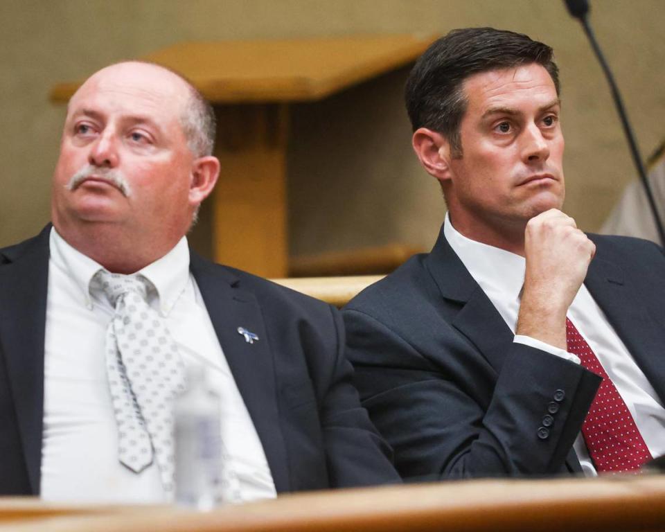 San Luis Obispo County Sheriff’s Office Det. Clint Cole, left, and San Luis Obispo County deputy district attorney Chris Peuvrelle listen to arguments at the July 14, 2021, hearing for Paul and Ruben Flores in the Kristin Smart murder case. Cole is retiring after a 32-year career with the Sheriff’s Office.