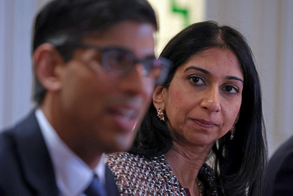 File photo dated 03/04/23 of Prime Minister Rishi Sunak and (then) Home Secretary Suella Braverman during a visit to a hotel in Rochdale, Greater Manchester, for a meeting of the Grooming Gangs Taskforce.