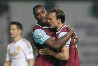 Britain Soccer Football - West Ham United v Manchester United - Barclays Premier League - Upton Park - 10/5/16 Michail Antonio celebrates with Mark Noble after scoring the second goal for West Ham Reuters / Eddie Keogh