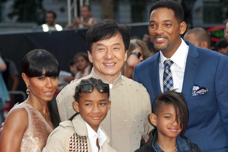 <p>Mark Cuthbert/UK Press via Getty</p> Jada Pinkett Smith, Jaden Smith, Jackie Chan, Will Smith and Willow Smith attend the U.K. gala premiere of 