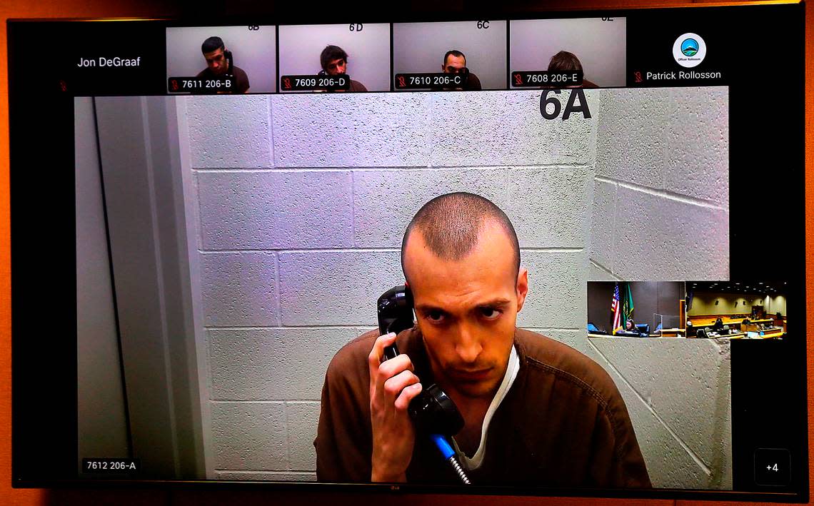 Murder suspect Antonio James Aguilar-Hartman, 24, makes his preliminary appearance via a video link Monday in Benton County Superior Court. Police believe he shot and killed a man earlier this month in Kennewick.