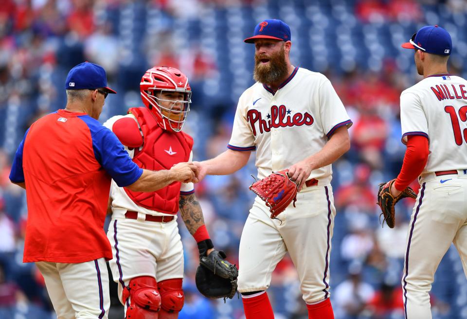 Aug 29, 2021; Philadelphia, Pennsylvania, USA; Philadelphia Phillies relief pitcher Archie Bradley (23) reacts after he is removed from the game in the eighth inning against the Arizona Diamondbacks at Citizens Bank Park. Mandatory Credit: Kyle Ross-USA TODAY Sports