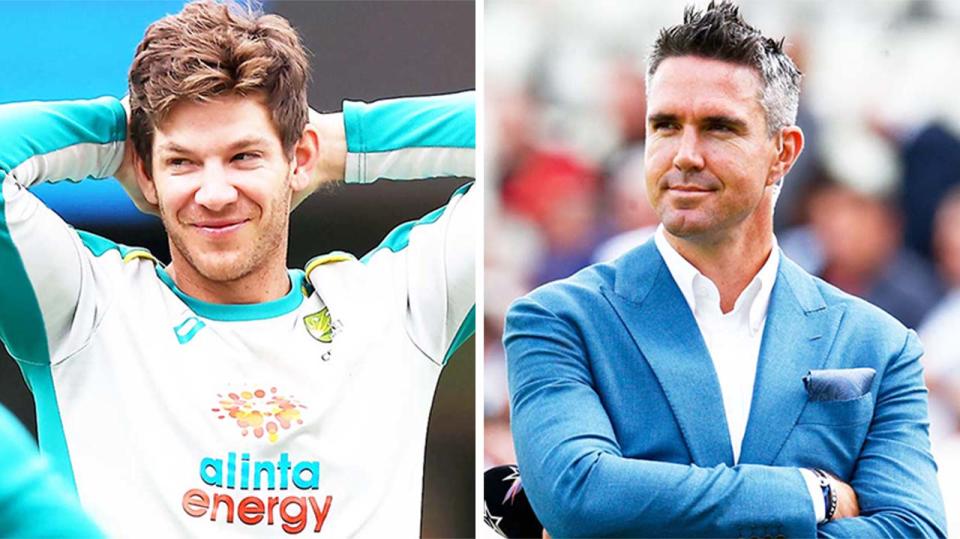 Aussie Test captain Tim Paine (pictured left) during training and (pictured right) Kevin Pietersen during commentary.