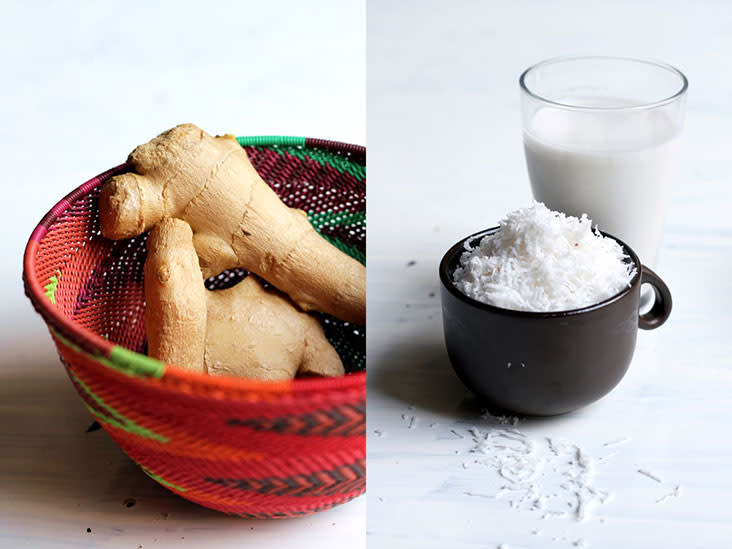 Ginger has anti-inflammatory properties (left). Use both full-cream milk and coconut milk for a velvety mouthfeel (right).