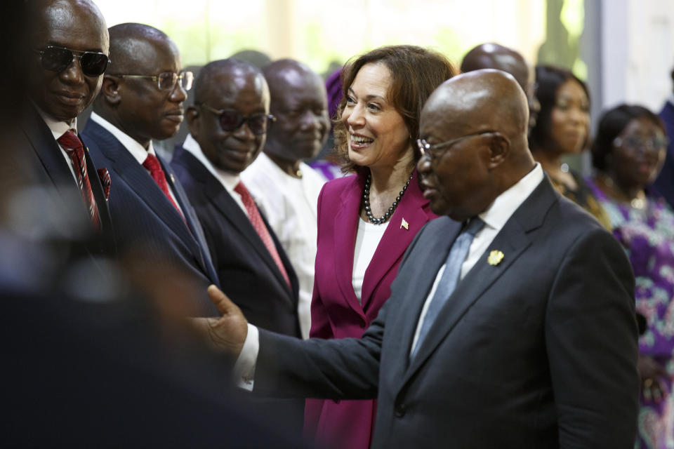 Ghana President Nana Akufo-Addo, foreground, introduces his cabinet to U.S. Vice President Kamala Harris, in Accra, Ghana, Monday March 27, 2023. Harris is on a seven-day African visit that will also take her to Tanzania and Zambia. (AP Photo/Misper Apawu, Pool)