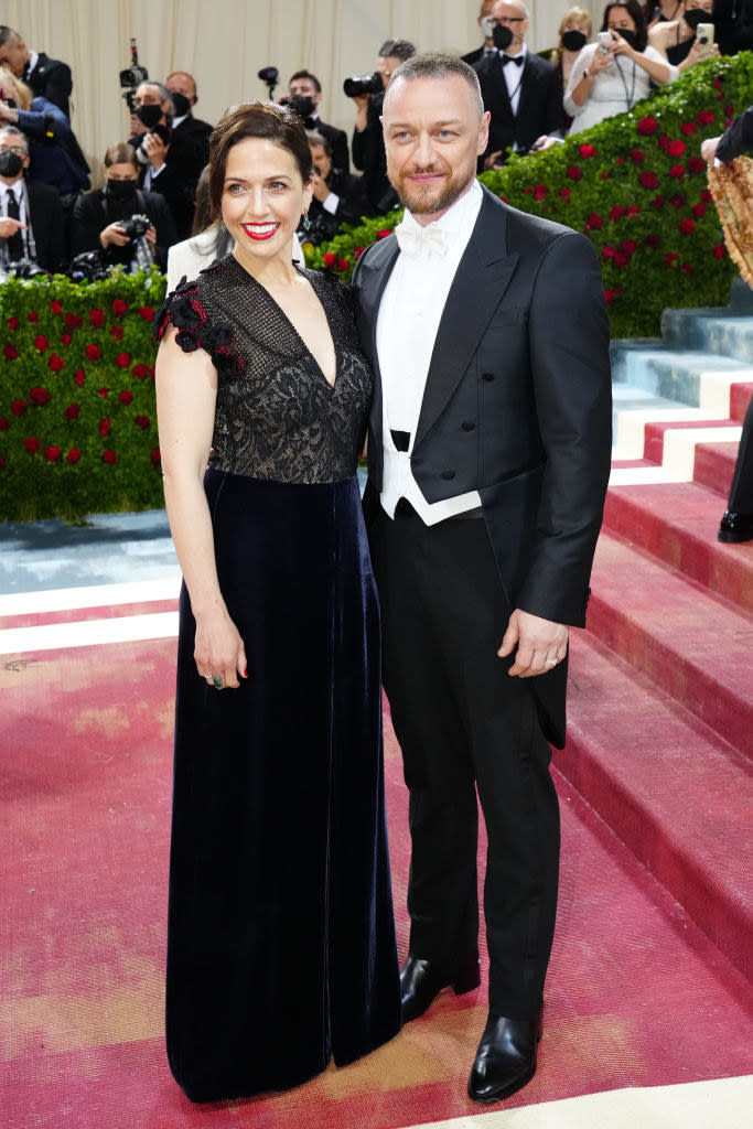 Anne-Marie Duff and James McAvoy stand together on the red carpet