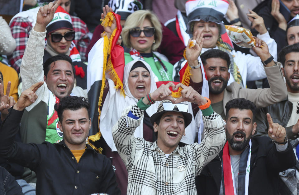 Iraqis fans wait inside the stadium before the Arabian Gulf Cup football final between Iraq and Oman at the Basra International Stadium in Basra, Iraq, Thursday, Jan 19, 2023. (AP Photo/Nabil al-Jurani)