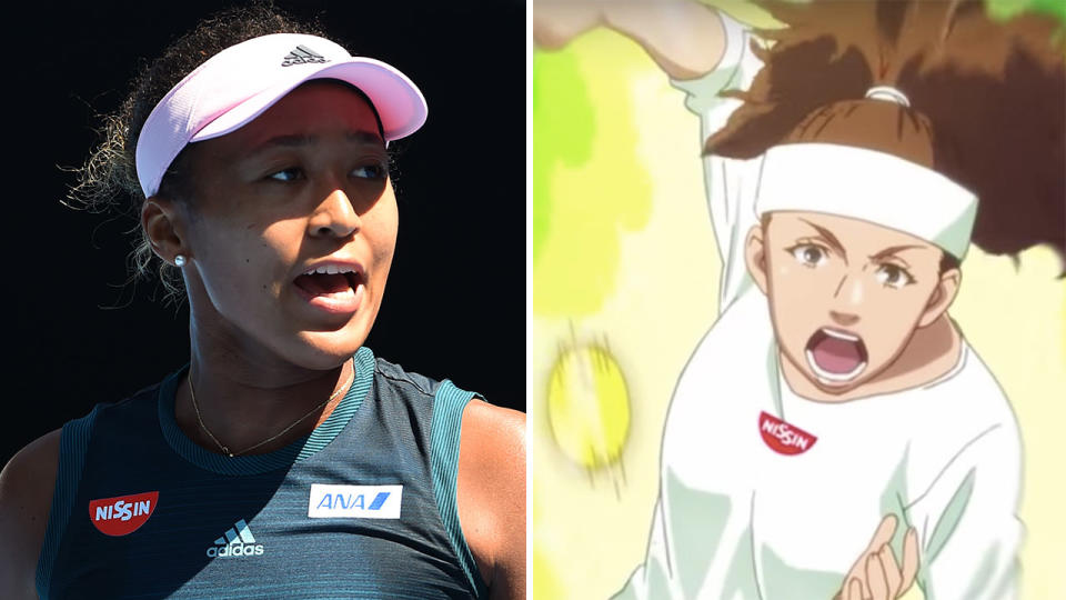 Naomi Osaka in real-life versus Naomi Osaka in Nissin’s commercial. Pic: Getty/Nissin