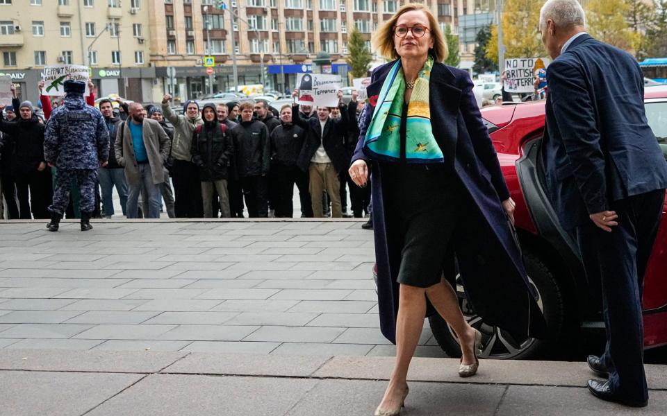 Deborah Bronnert arrives at the Russian Ministry of Foreign Affairs after the Ukrainian drone attack on the Crimean port of Sevastopol - Alexander Zemlianichenko/ AP