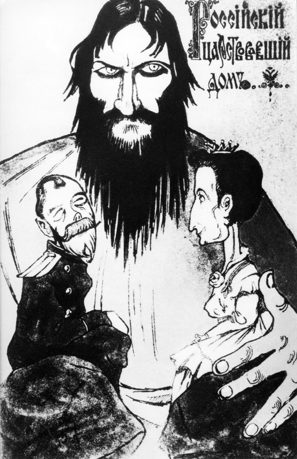 (Eingeschränkte Rechte für bestimmte redaktionelle Kunden in Deutschland. Limited rights for specific editorial clients in Germany.)
A caricature showing the overbearing influence of Russian mystic Grigori Rasputin (1869 - 1916) on the Imperial couple, Emperor Tsar Nicholas II and Empress Alexandra Feodorovna, 1916. (Photo by ullstein bild/ullstein bild via Getty Images)