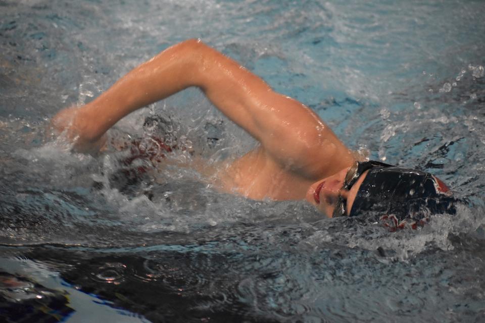 Martinsville's Jamison Crabb competes in the 500-yard freestyle during sectional preliminaries at Franklin Community High School on Feb. 17, 2022.