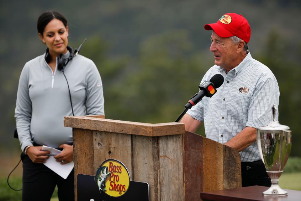 Johnny Morris, founder of Bass Pro Shops, speaks before the Payne's Valley Cup, the inaugural event at the new Payne's Valley Golf Course in Ridgedale, Mo., on Tuesday, Sept. 22, 2020. 