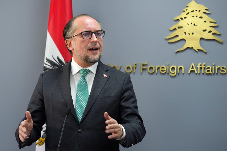 Austrian Foreign Minister Alexander Schallenberg, speaks to journalists during a joint press conference with his Lebanese counterpart Abdallah Bouhabib in Beirut, Lebanon, Thursday, Feb. 29, 2024. Schallenberg urged Israel and Lebanon's militant Hezbollah group not to escalate the conflict along the border saying Thursday that the Middle East has witnessed enough devastation and cruelty. (AP Photo/Bilal Hussein)