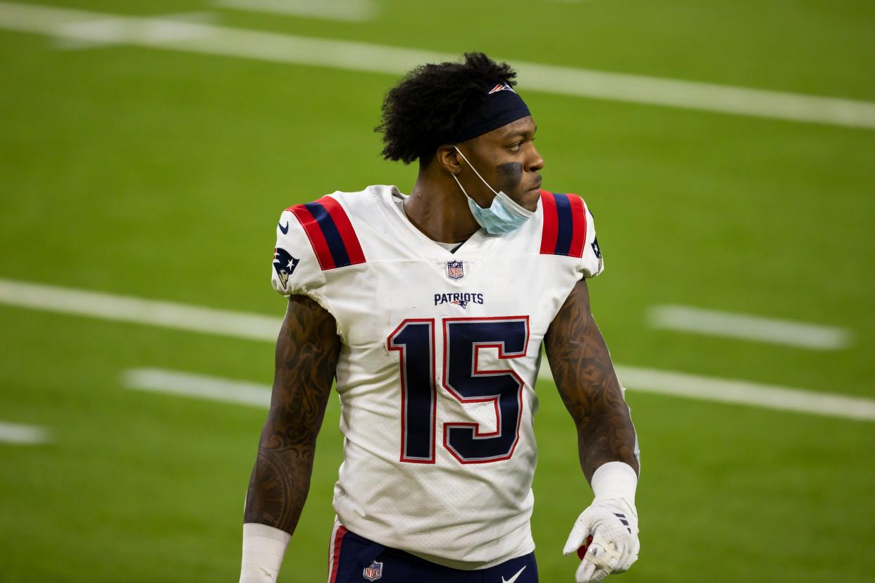 New England Patriots wide receiver N'Keal Harry (15) looks on after an NFL football game against the Los Angeles Rams, Thursday, Dec. 10, 2020, in Inglewood, Calif. The Rams defeated the Patriots, 24-3. [Ryan Kang via AP]