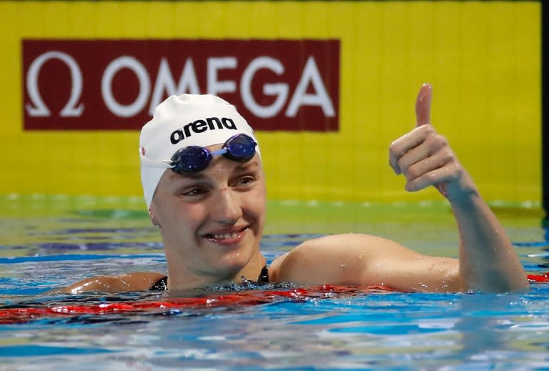 Hungary's Katinka Hosszu celebrates her victory in the 400m Individual Medley final on day one of the 13th FINA Short Course Swimming World Championships, at the WFCU Centre in Windsor, Ontario, Canada, on December 6, 2016