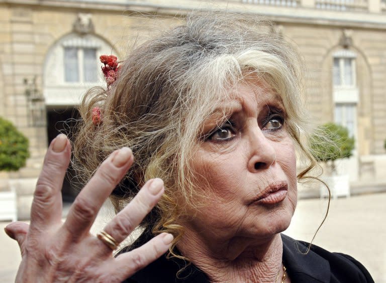 French former actress Brigitte Bardot talks to reporters after leaving the Elysee Palace in Paris on September 27, 2007. French President Francois Hollande will not intervene in the case of two ailing zoo elephants whose death sentence led Bardot to threaten to go into exile in Russia, according to his office