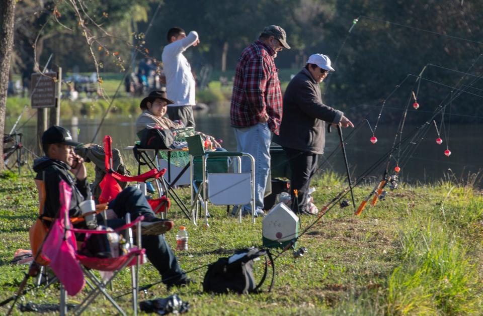 Hundreds of people participate in the annual Trout Bout fishing derby hosted by San Joaquin County Parks and Recreation and the Delta Fly Fishers at Oak Grove Regional Park in Stockton. More than 2,500 lbs of trout were stock in the park's 10-acre lake prior to the event which featured prizes for both adults and children. 