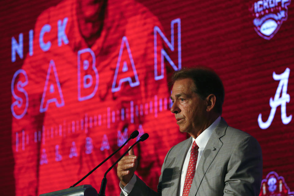 Alabama head coach Nick Saban speaks during the NCAA college football Southeastern Conference Media Days, Wednesday, July 17, 2019, in Hoover, Ala. (AP Photo/Butch Dill)