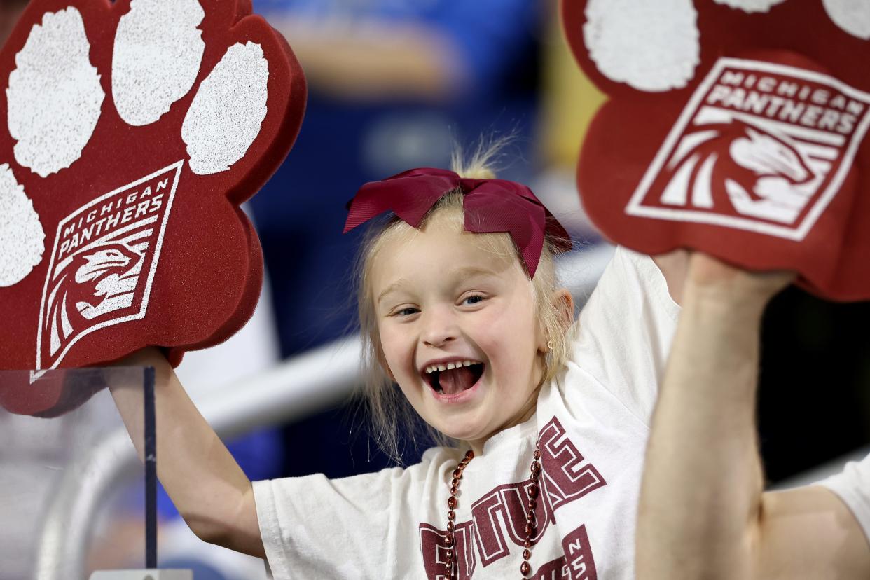 A Michigan Panthers fan cheers during a game against the Houston Roughnecks during the first quarter at Ford Field on April 14, 2024 in Detroit.