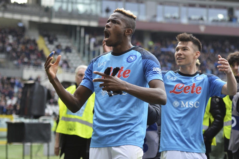 Napoli's Victor Osimhen celebrates after scoring during the Serie A soccer match between Torino and Napoli at the Turin Olympic stadium, Italy, Sunday, March 19, 2023. (Alberto Gandolfo/LaPresse via AP)