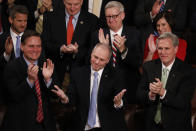 <p>House Majority Whip Steve Scalise, a Republican from Louisiana, center, gestures after being acknowledged by Trump during his State of the Union address to a joint session of Congress at the U.S. Capitol in Washington, D.C., on Jan. 30. (Photo: Aaron P. Bernstein/Bloomberg via Getty Images) </p>