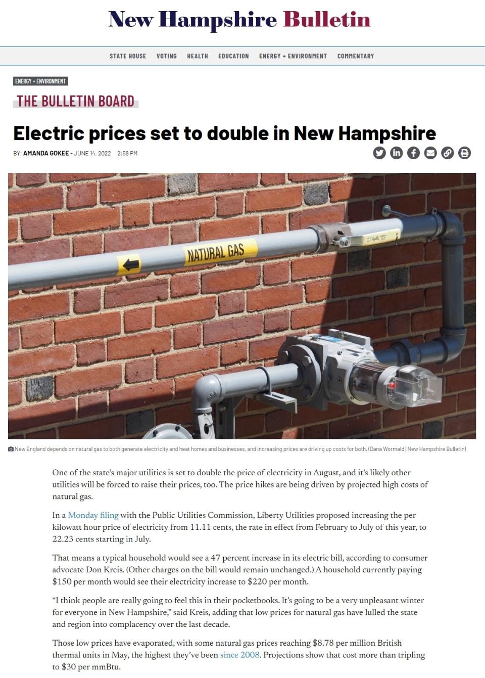 Screenshot of New Hampshire Bulletin's article, "Electric prices set to double in New Hampshire"