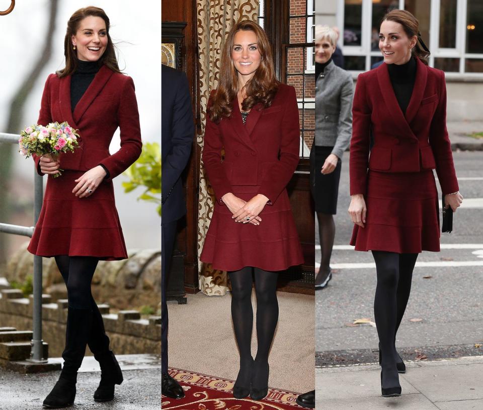 <p>Middleton has worn this wine-hued Paule Ka skirt suit multiple times, most notably in October 2012, February 2017, and recently in November 2018. </p>