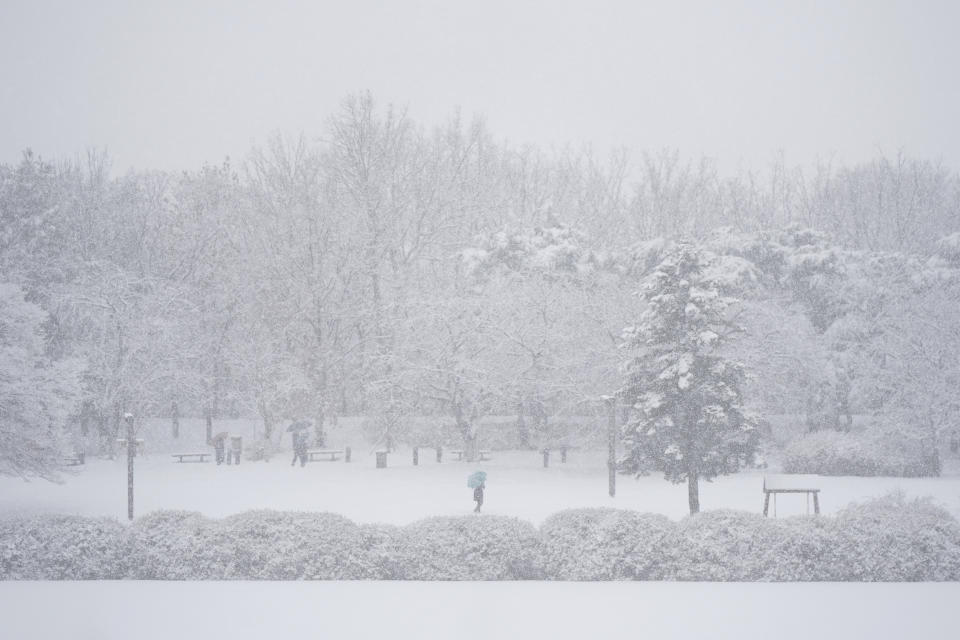 Visitantes caminan durante una nevada en Goyang, Corea del Sur, el 30 de diciembre de 2023. (AP Foto/Lee Jin-man)