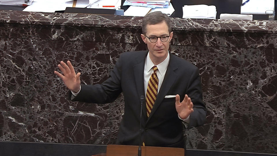 White House deputy counsel Patrick Philbin answers a question during the impeachment trial against President Donald Trump in the Senate at the U.S. Capitol in Washington, Thursday, Jan. 30 2020. (Senate Television via AP)