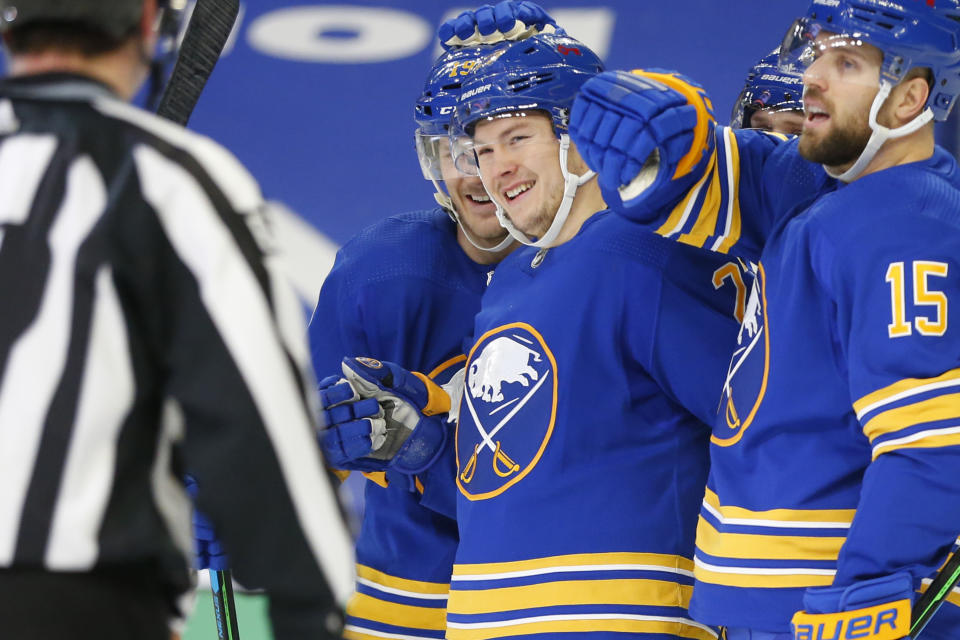 Buffalo Sabres forward Curtis Lazar (27) celebrates his goal during the second period of an NHL hockey game against the New York Devils, Sunday, Jan. 31, 2021, in Buffalo, N.Y. (AP Photo/Jeffrey T. Barnes)