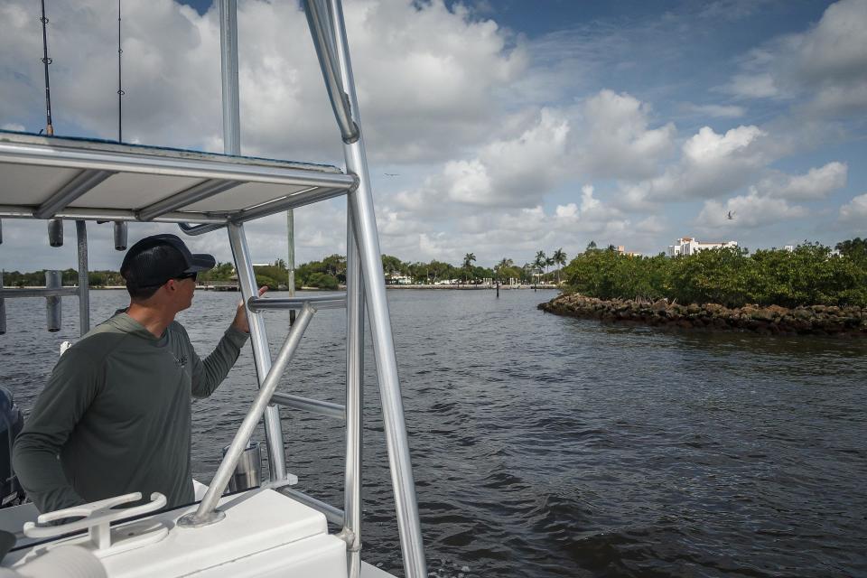 Kyle Rossin pilots his boat during a tour to look at mangrove planting sites in the Intracoastal Waterway off Lake Worth Beach and West Palm Beach, Fla., on Thursday, June 9, 2022.