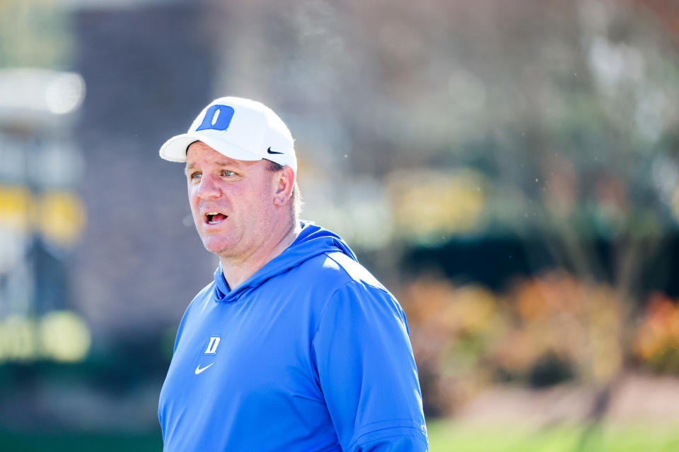 Nov 25, 2023; Durham, North Carolina, USA; Duke Blue Devils head coach Mike Elko looks on before the first half of the game against Pittsburgh Panthers at Wallace Wade Stadium. Mandatory Credit: Jaylynn Nash-USA TODAY Sports