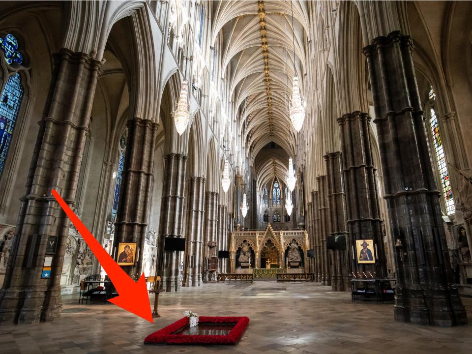 The Tomb of the Unknown Warrior is one of the most significant historical points at the entrance of Westminster Abbey.