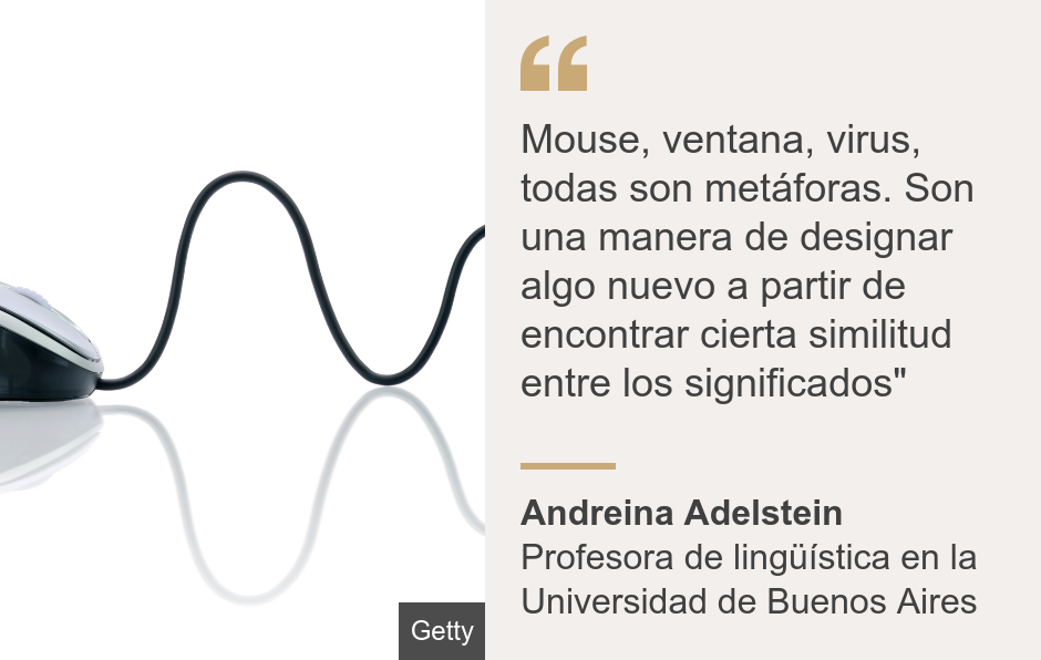 "Mouse, ventana, virus, todas son metáforas. Son una manera de designar algo nuevo a partir de encontrar cierta similitud entre los significados"", Source: Andreina Adelstein, Source description: Profesora de lingüística en la Universidad de Buenos Aires, Image: Mouse de computadora.