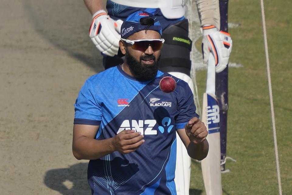 New Zealand's Ajaz Patel attends a training session, in Karachi, Pakistan, Saturday, Dec. 24, 2022. (AP Photo/Fareed Khan)