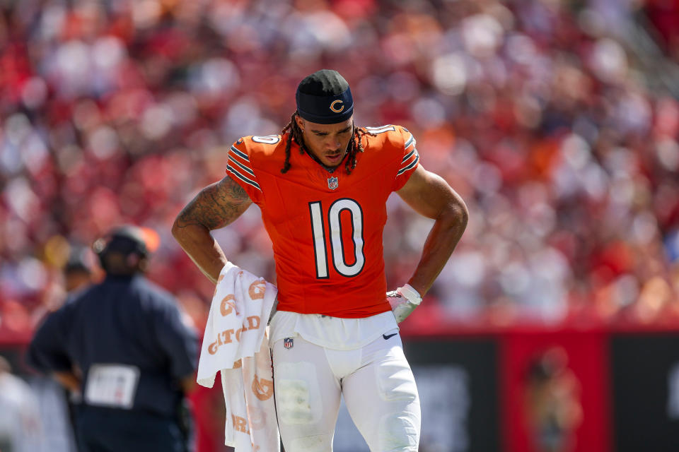 Chicago Bears wide receiver Chase Claypool walks near the sideline during the fourth quarter against the Tampa Bay Buccaneers at Raymond James Stadium on Sept. 17, 2023, in Tampa, Florida. (Armando L. Sanchez/Chicago Tribune/Tribune News Service via Getty Images)