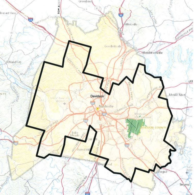 The black outline represents a new Airport Overlay Zone spanning most of Davidson County submitted to Metro Nashville by the Metro Nashville Airport Authority on June 28, 2023. A state law enacted in May allows the MNAA broader power over zoning and permits in Davidson County.