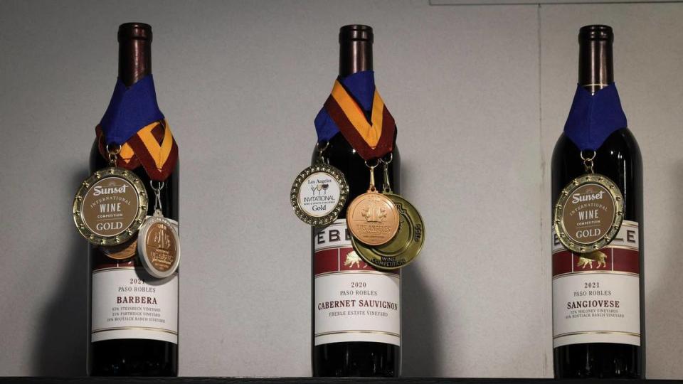 Award-winning wines on the Eberle Winery display case. Gary Eberle has promoted the stature of the wine industry in the Paso Robles area since the 1970s seen here at his winery Jan. 9, 2024.