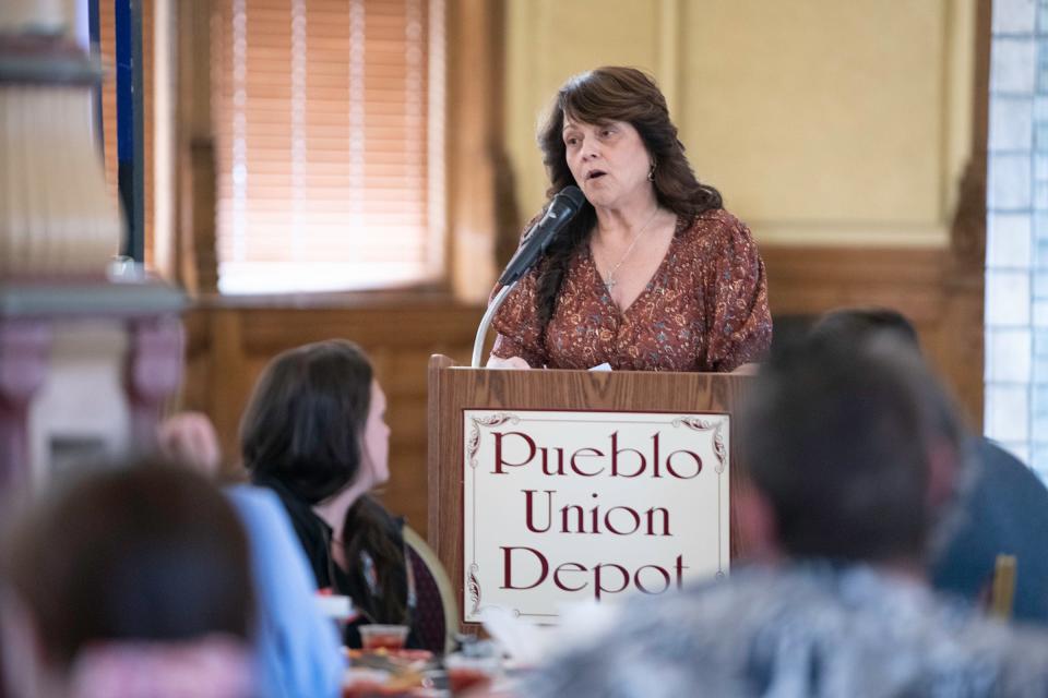 Melanie Rapier, the executive director for the Pueblo Rescue Mission, speaks during a community summit on homelessness held at the Union Depot on Thursday, April 20, 2023.